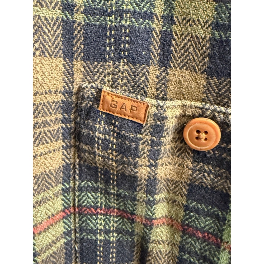Vintage 1990s Gap Plaid Flannel Button‎ Up Shirt/jacket Boys Medium Leather Logo - Picture 2 of 5